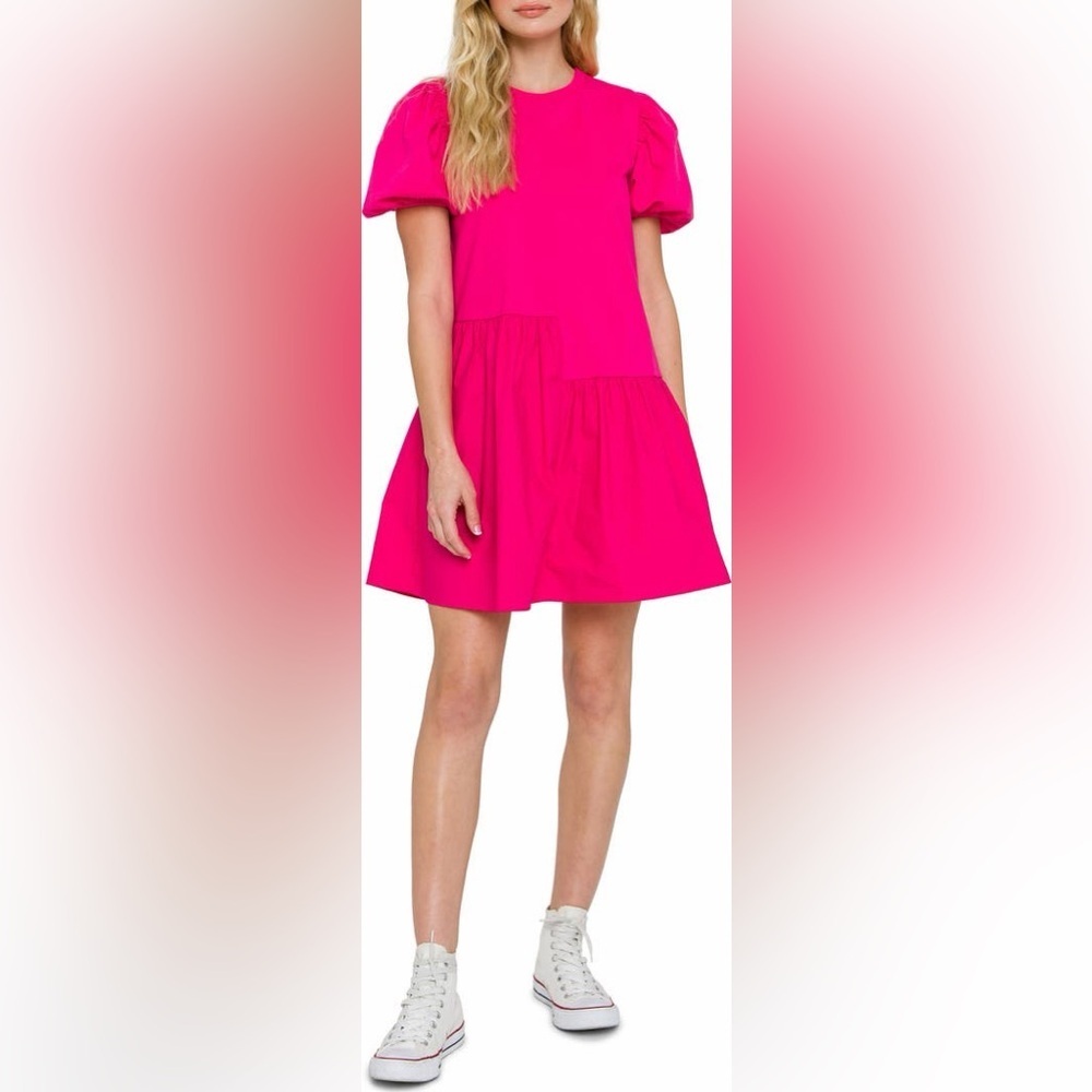 English Factory Fuchsia Puff Sleeve Tiered Mini Dress